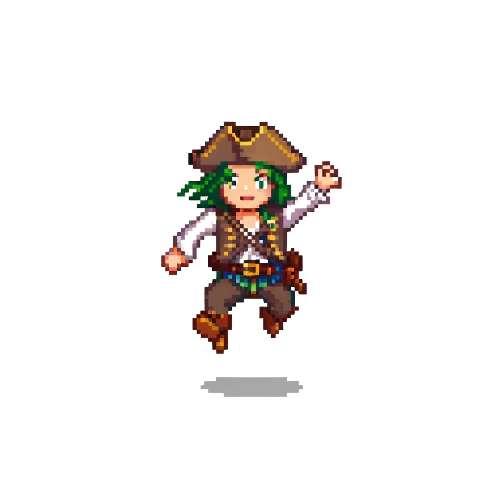 pirate character jumping animation, 32-bit style, game sprite, mid-air emoji