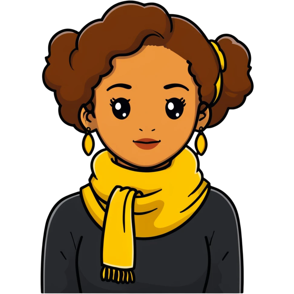boho girl with brown skin, long curly brown hair tied high, lemon yellow scarf, round earrings emoji