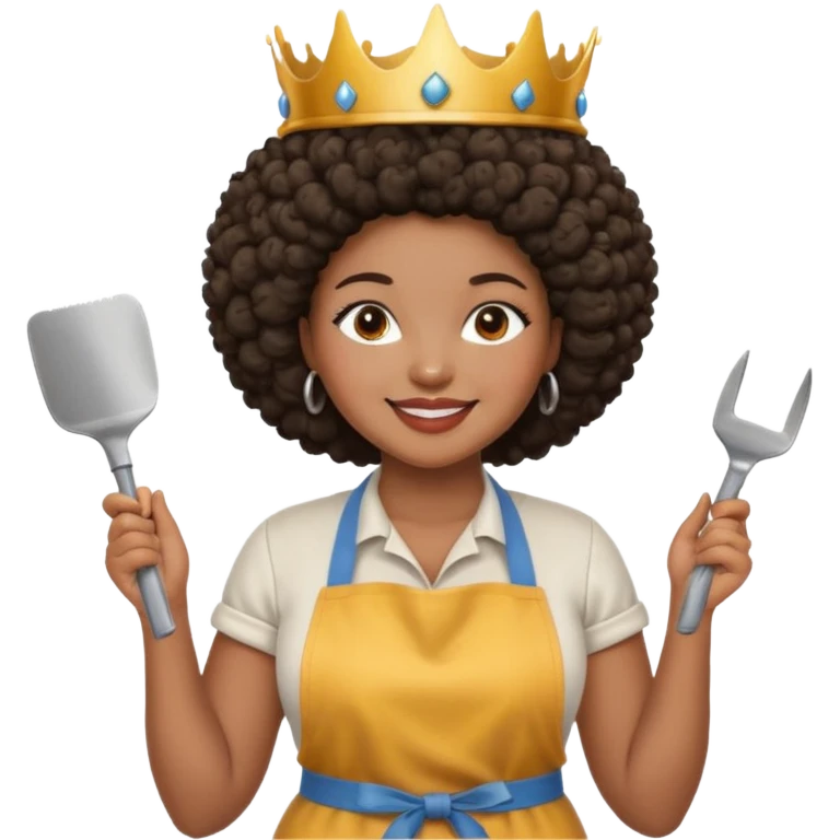 Mujer curvy afro, con vestimenta cómoda y delantal,con una corona sobre su cabeza y sonrisa contagiosa. En la mano herramientas de trabajo pesado emoji