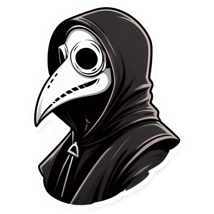 Man wearing a black plague doctor mask in a hood, with head back laughing emoji