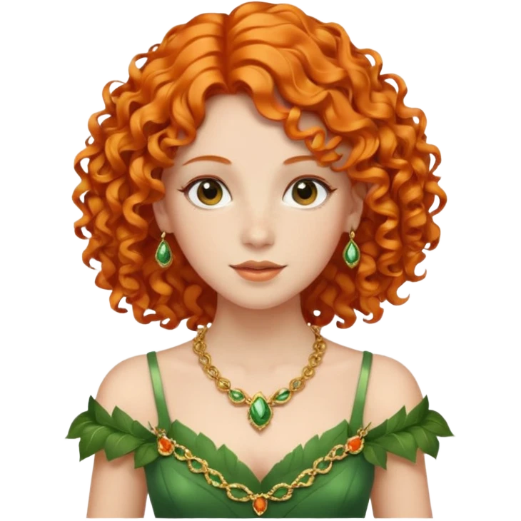 orange curly hair beautiful princess full body in leafy green dress elegant emoji