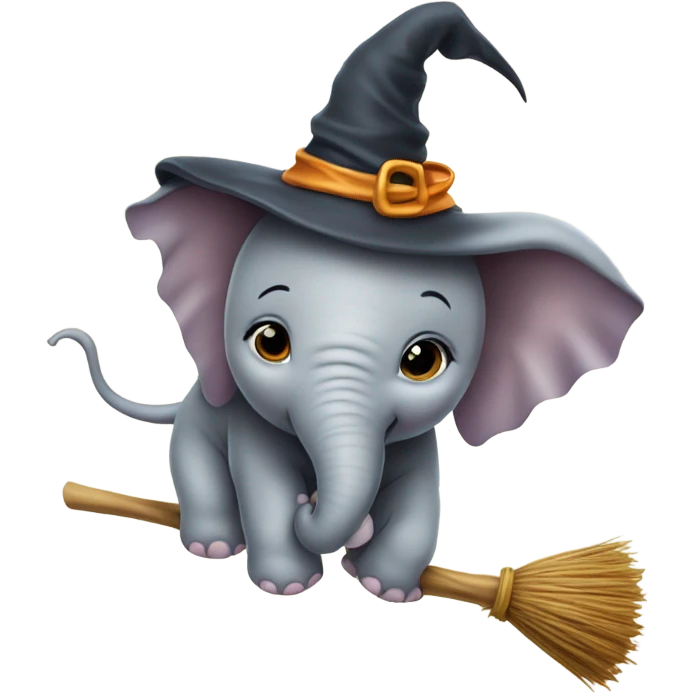 Baby ele flying on a broom with a witch hat emoji