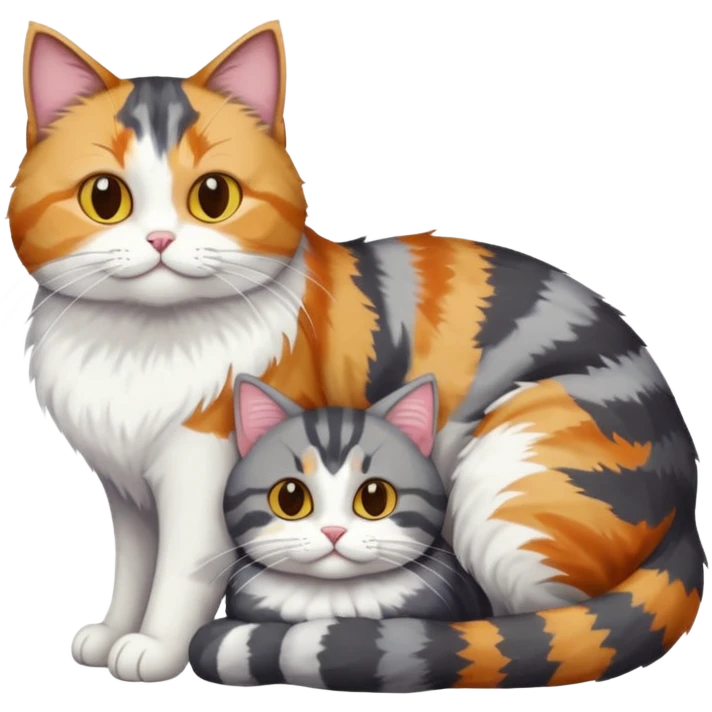 full body colourful light patched calico + white tabby cat cuddling a big dark grey and white tabby cat  emoji