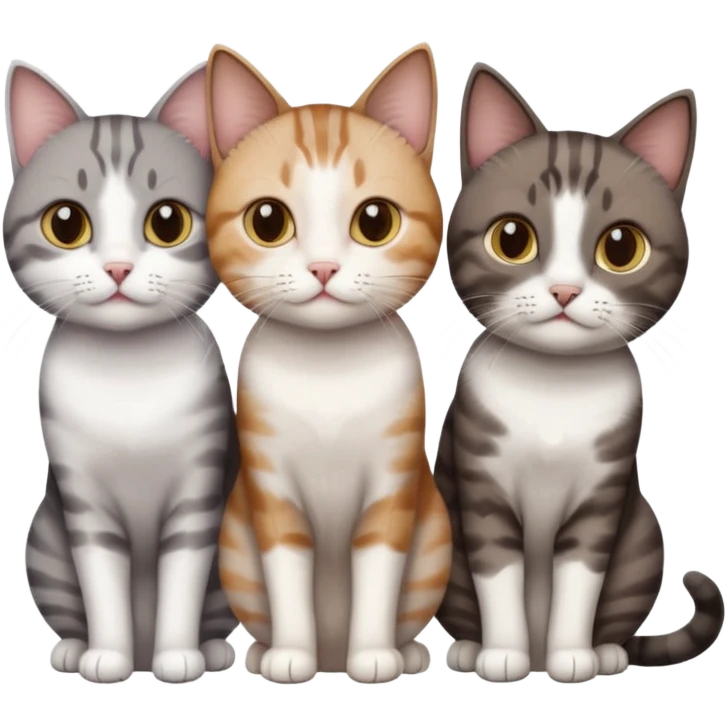 3 different coloured short haired cats including; a dark brown tabby and white cat, and a dark grey and white  emoji