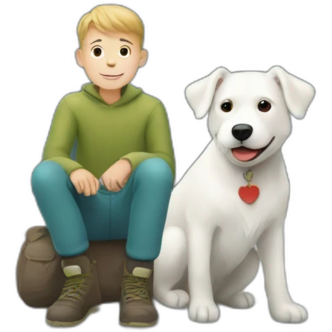 boy with white dog, switzerland mountains emoji