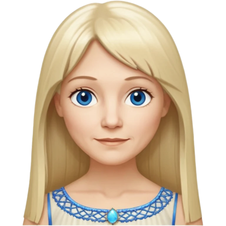 50 yr old white woman, hippie parted very long hair, short bangs, very long straight blond hair, oval face, small smile, blue eyes, thin face, hair downback, hair parted at center of head, round cheeks, pale, longer hair, white evening dress emoji