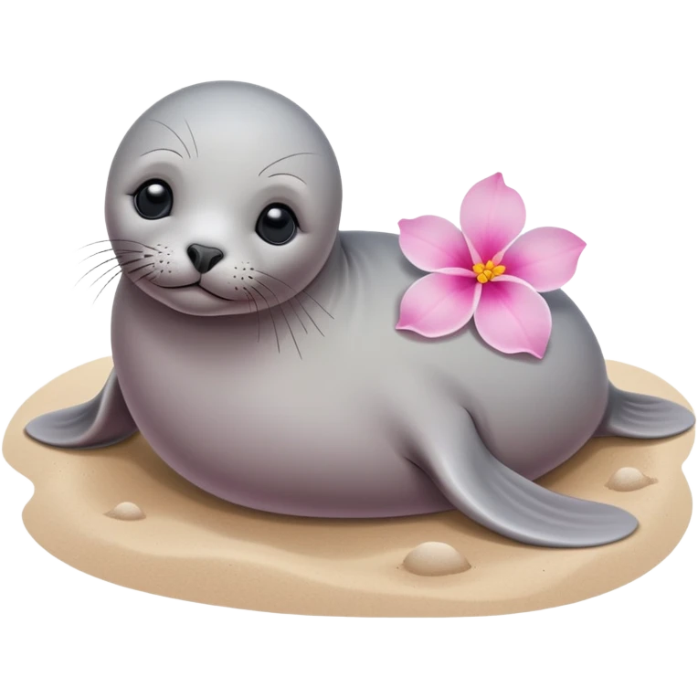 A small, slim baby seal resting gracefully on a sandy beach, with a delicate pink flower placed on its head.  Grey color emoji