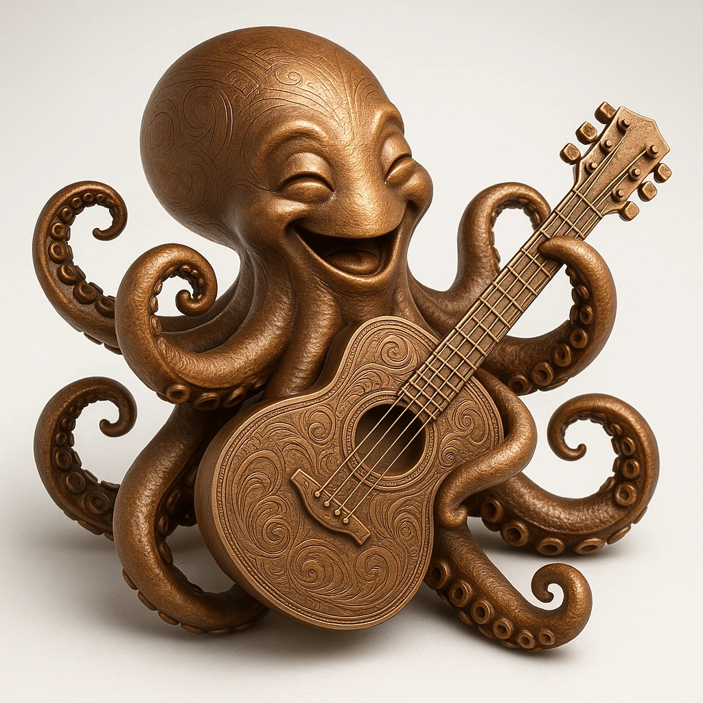 happy octopus with multiple arms playing guitar emoji