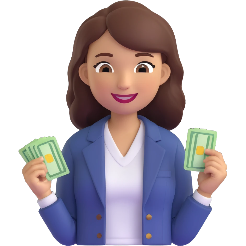 memoji of a beautiful girl with success and charisma, tired but happy expression, smiling with one eye half-closed, wearing a stylish but comfortable outfit like a T-shirt and blazer, holding a wad of cash or credit cards emoji