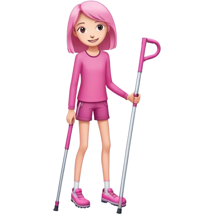 Skinny girl in pink crutches with a happy smile but tired eyes emoji