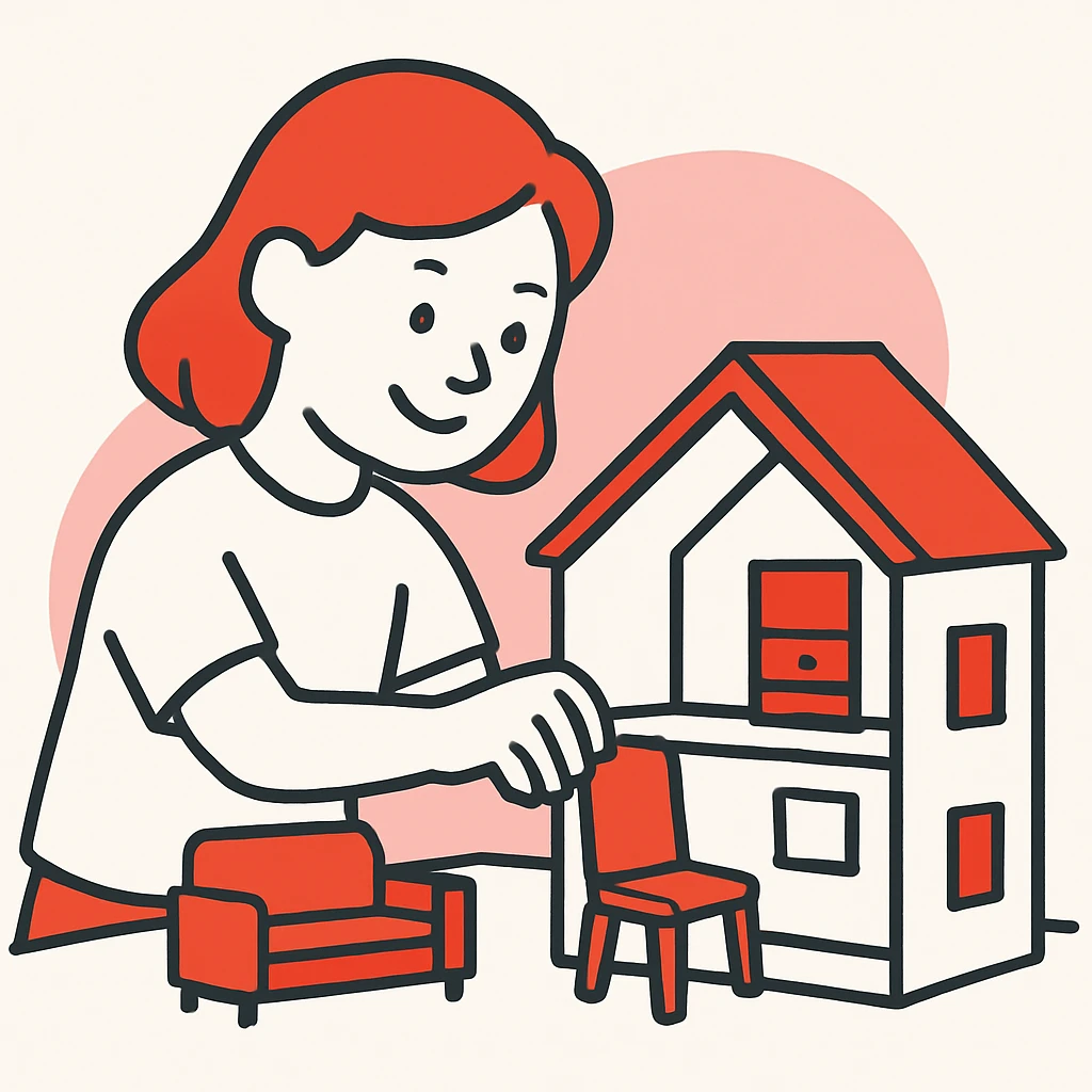 smiling girl arranging furniture in doll house emoji