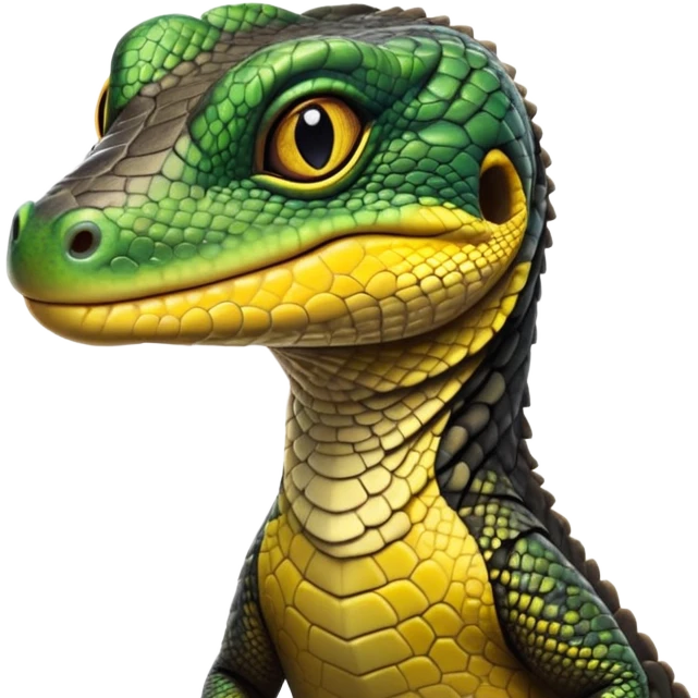 cinematic-realistic-cute-monitor-lizard-portrait-emoji,-head-tilted-playfully-and-inquisitively,-featuring-a-compact,-agile-body-with-finely-detailed,-glossy-scales-in-earthy-black and yellow-hues-and-a-distinct,-alert-face-with-bright,-curious-eyes, black , yellow spotted and green band  scales emoji