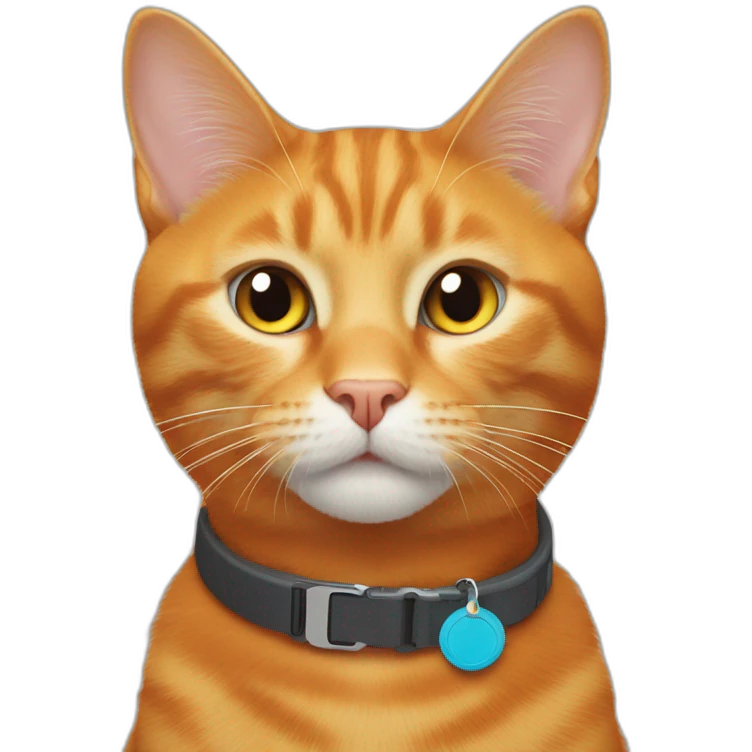 ginger cat with a orange colored neck collar with an airtag emoji