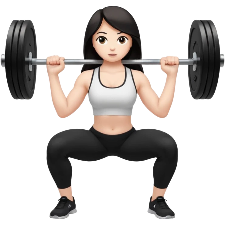 Девушка белокожая, с длинными темными волосами, в одежде для йоги - черные лосины, белый топ, делает присед со штангой 100 килограмм на плечах, вид сбоку , правильные пропорции тела, только человек emoji