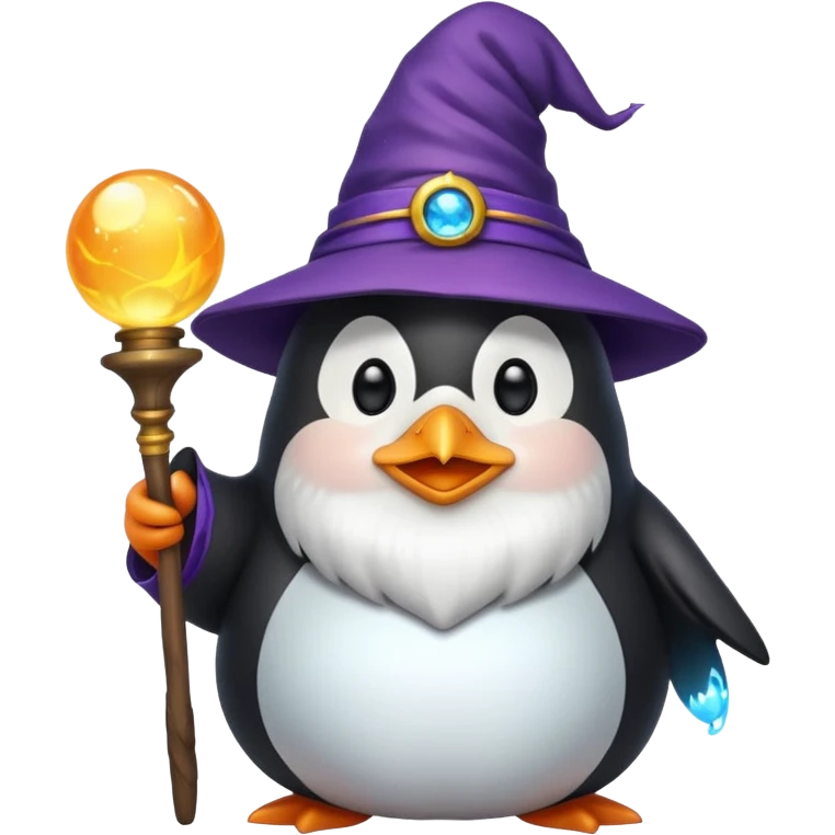 chubby penguin wizard with a long beard, holding a glowing orb, emoji style emoji