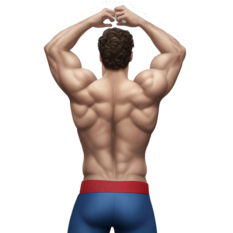Henry cavill in a jock, backwards view, stretching glutes emoji