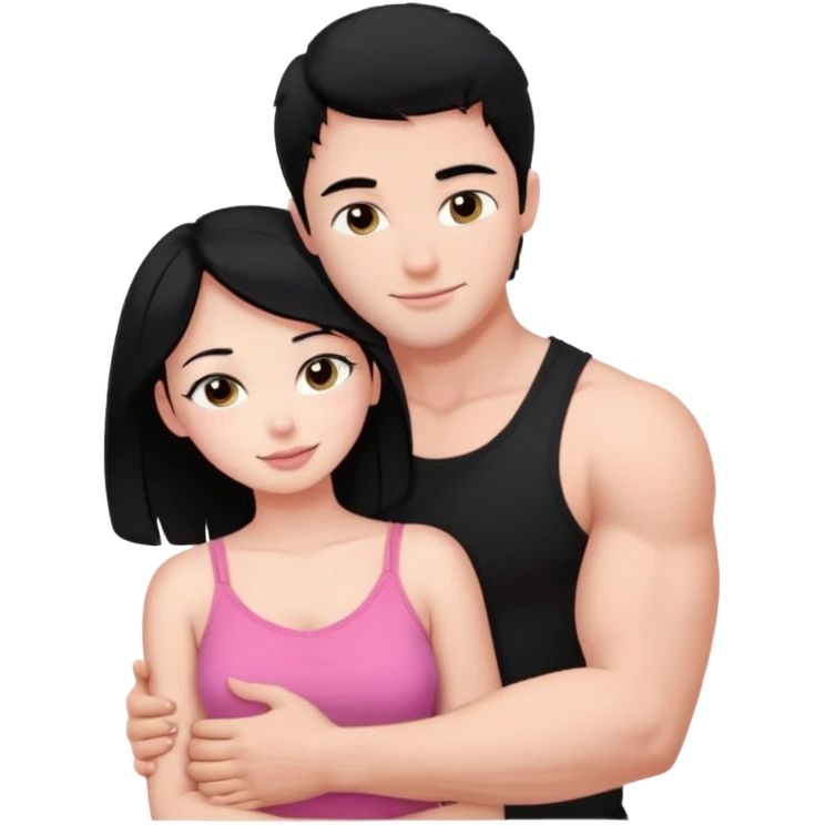 a pretty bratz fair girl. black hair, wearing a pink cami top, she is hugging a handsome fair guy with black hair. lean but muscular.the boy is wearing a black tshirt emoji