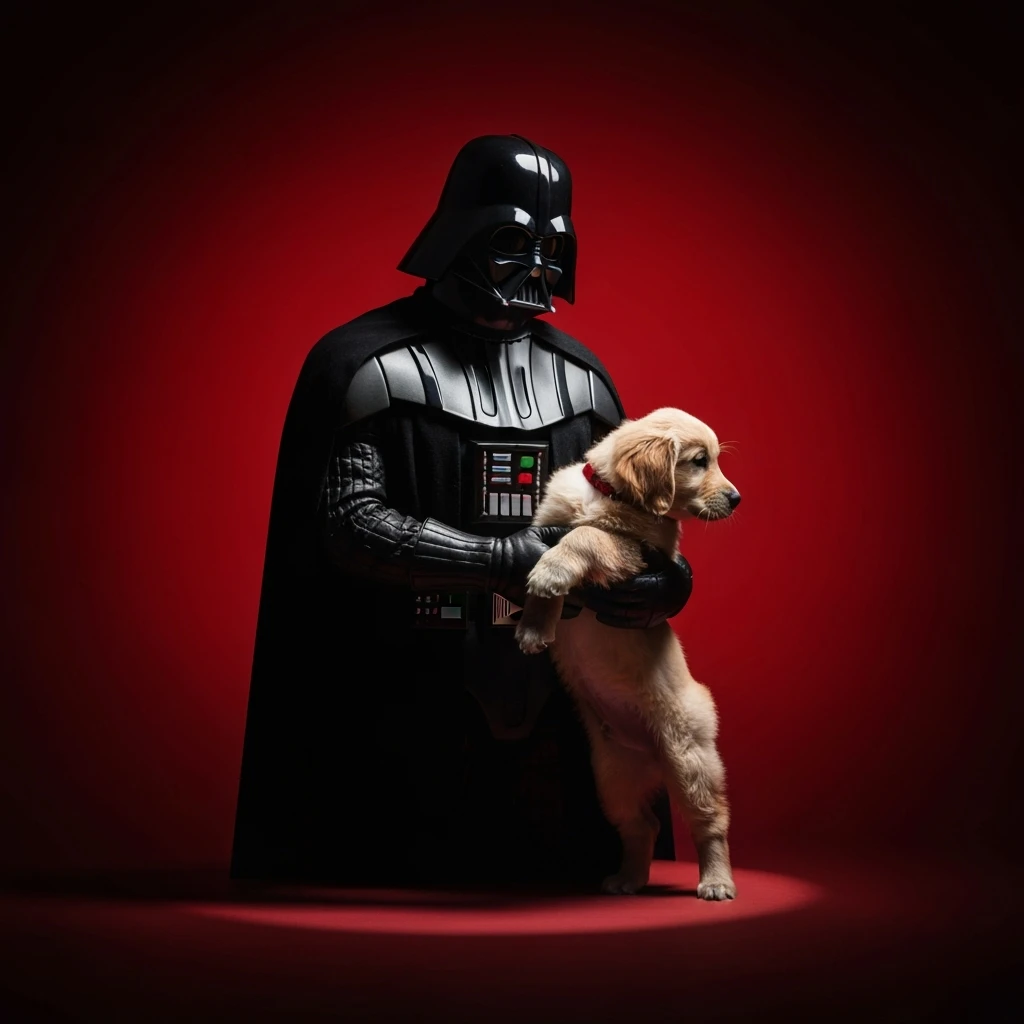 Photo of a darth vader holding puppy golden retriver, low key light, red solid background with leading lines, back light, spot light emoji