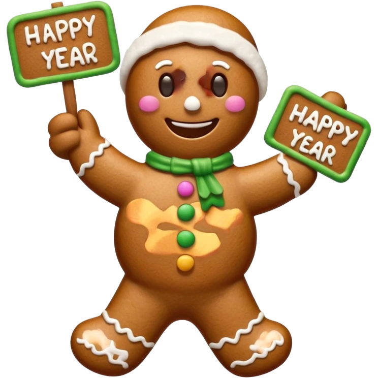 gingerbread man with a happy new year sign emoji
