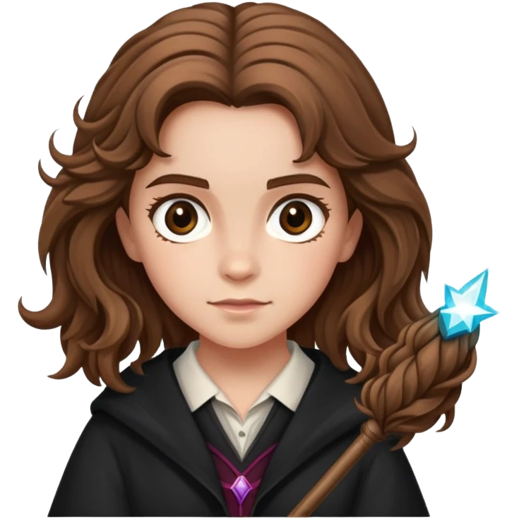 Hermione Granger with bushy hair and wand emoji