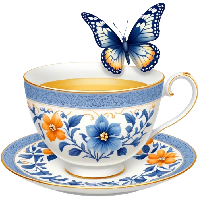 A delicate butterfly with navy wings, resting on the edge of a perl porcelain teacup adorned with intricate pastel blue floral patterns. emoji