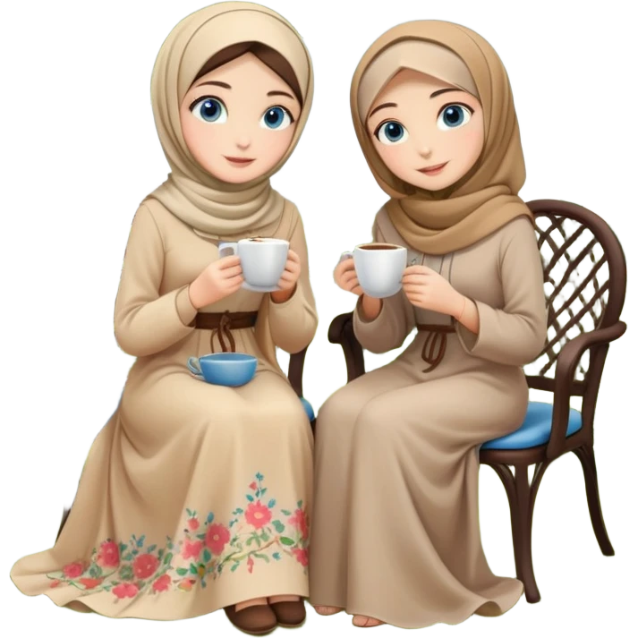 Turkish beautiful finish Konya girls blue eyes with Beautiful beige floral hijab long tail dress and the two friends in a lovely garden sits on the chair on the ground and holds cup coffe with her hand  emoji