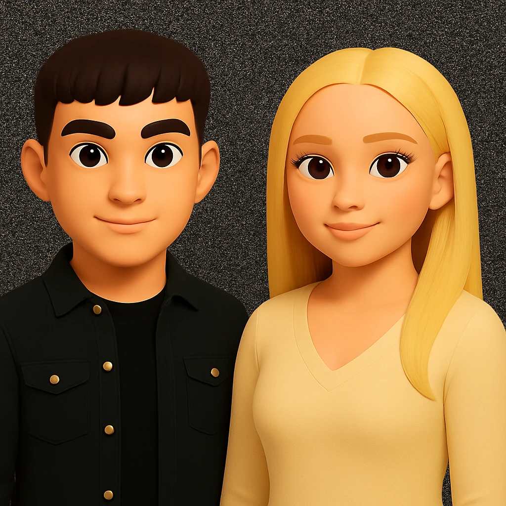 Make the people in the image stand slightly farther apart from each other, while preserving the original style and background. emoji