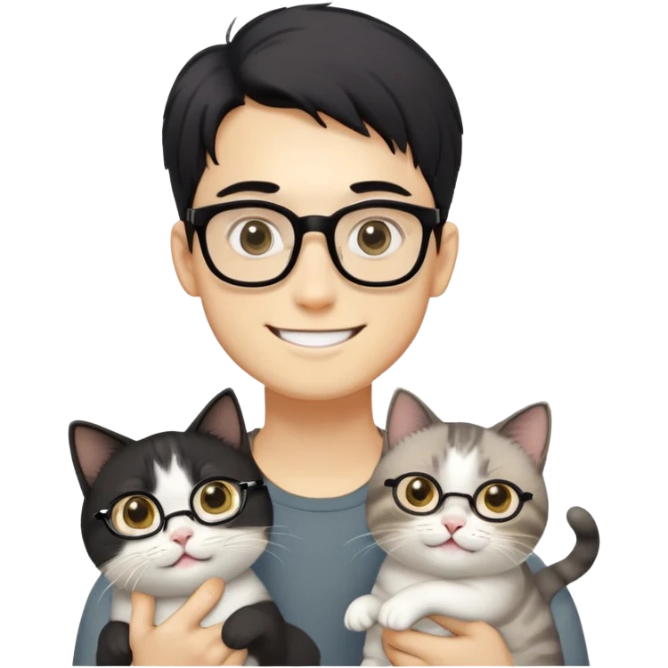 Young man with warm yellow-toned skin, long face, black back-length hair, large eyes, thin-rimmed square glasses, smiling gently while holding a grayish-white Munchkin cat with short legs and a gray patch under its mouth emoji