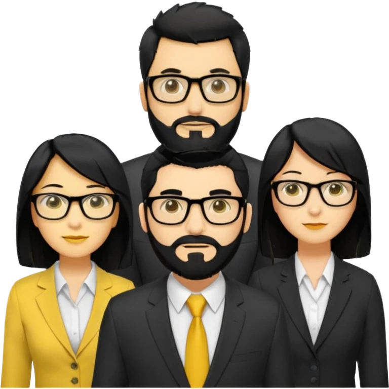 A work group avatar.Layout: two men (middle), two women (sides). Left woman: yellow skin, long black hair, glasses. Middle-left man: yellow skin, short black hair, thick black beard, shirt. Middle-right man: yellow skin, short black hair, no beard, suit. Right woman: yellow skin, long black hair.  emoji
