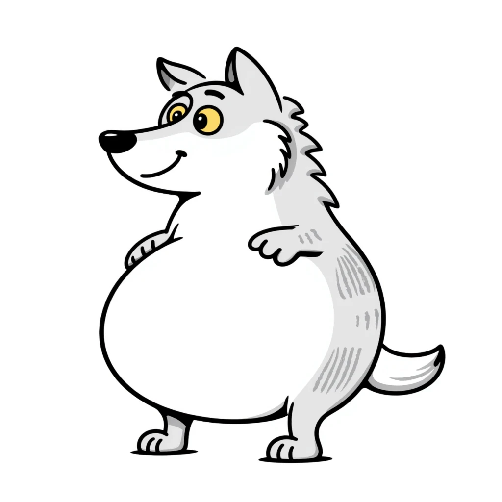 Wolf with enormous pregnant belly, gray fur, yellow eyes, standing sideways to show the large belly emoji