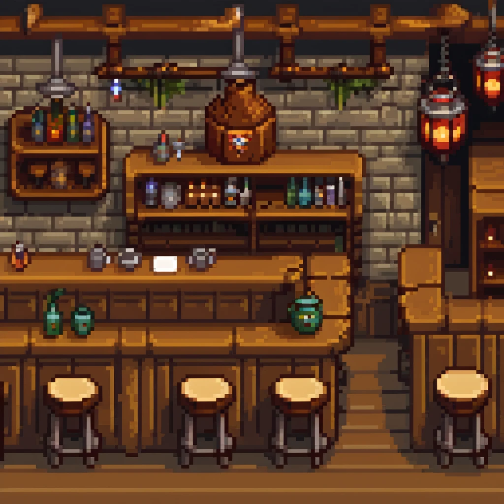 fantasy tavern interior with bar counter, stools, tables, and fantasy creatures enjoying drinks emoji