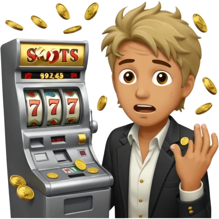 disheveled man losing money at a slot machine, panicked face, coins flying everywhere emoji