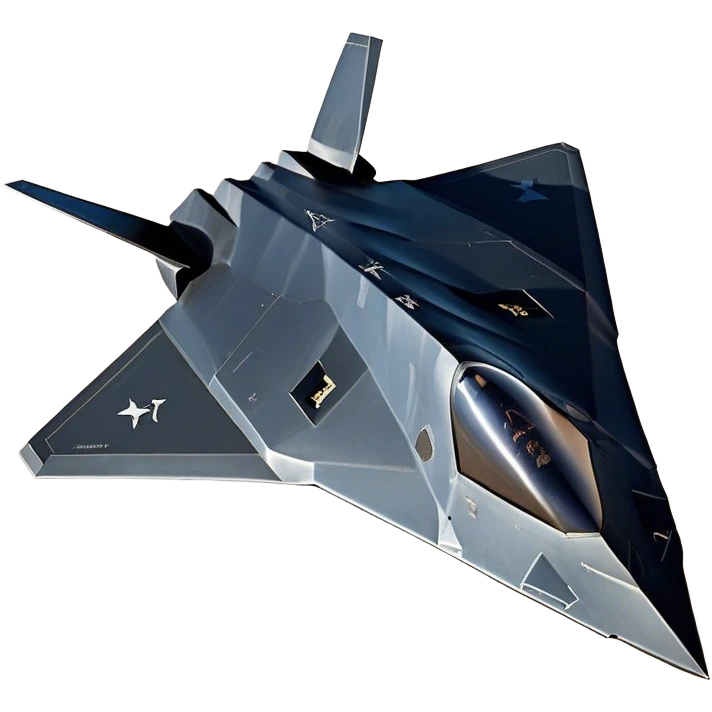 F-117 Nighthawk - Lockheed Martin (Stealth Grey) A futuristic stealth attack aircraft with a distinct faceted, angular design in a stealthy matte grey. Its sharp, jagged edges and unconventional, almost alien-like shape make it look like a shadow cutting through the night sky. The surface should appear non-reflective with subtle panel lines. emoji