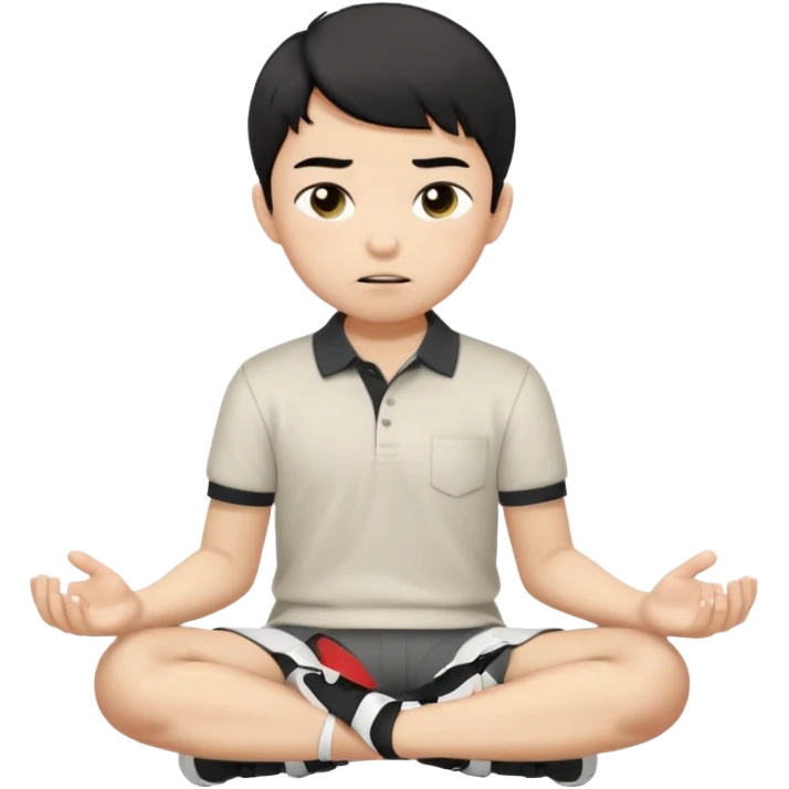 A cartoon young Asian boy with short black hair, light beige skin, and large expressive eyes, wearing a white polo shirt, gray pants, and black shoes. He sits cross-legged on the ground, one fist resting on his cheek, with a closed-mouth smirk. Clean lines, flat colors, solid black background. emoji