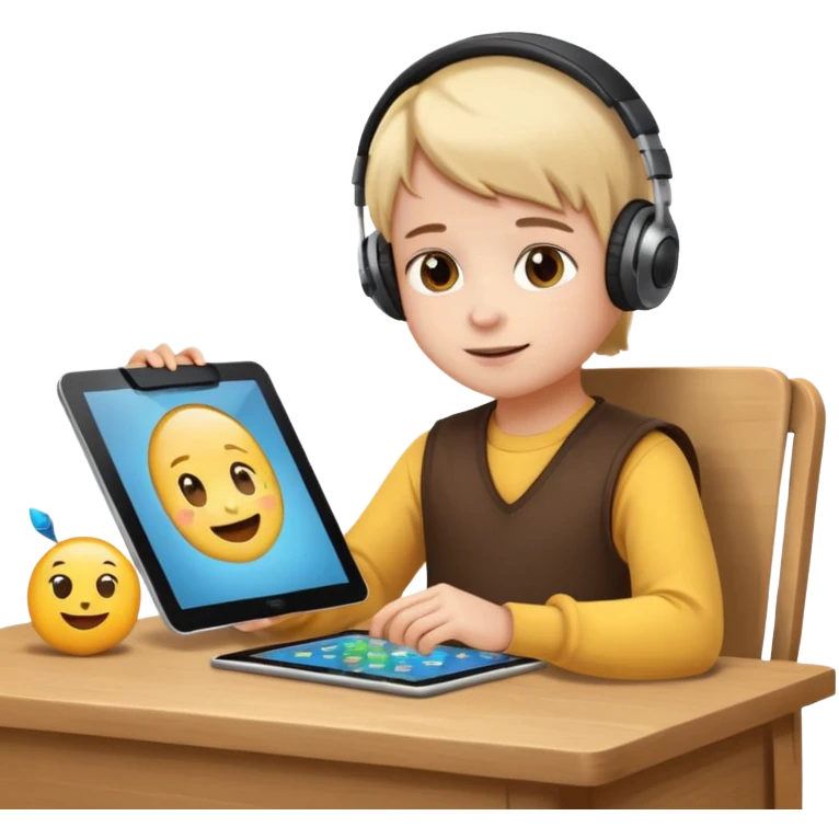 child sitting at a desk with a tablet, learning online emoji emoji