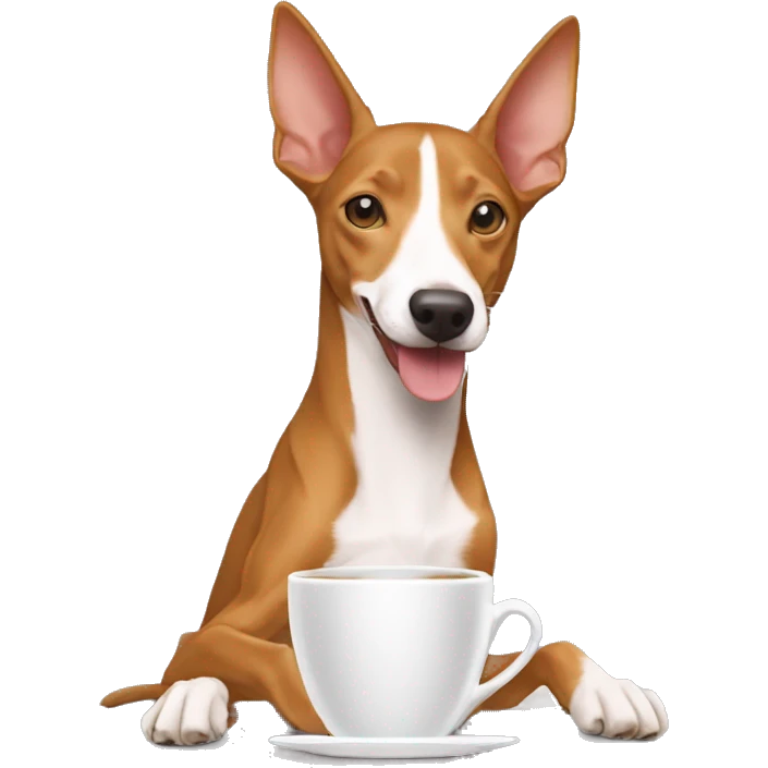 Un podenco marrón tomando una taza de café emoji