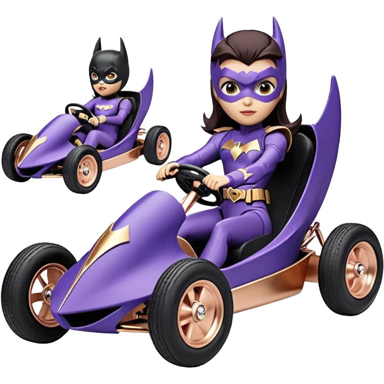 Hot full size real-appearance enclosed electric racing action BatGirl’s feminine midnight-colored tight outfit sixty’s tv show 1992 stealthy retro sporty safe plush petite off-road pursuit cruiser car rose gold accents (black hair,reclined and relaxed torso and shoulders seating position) go kart  emoji