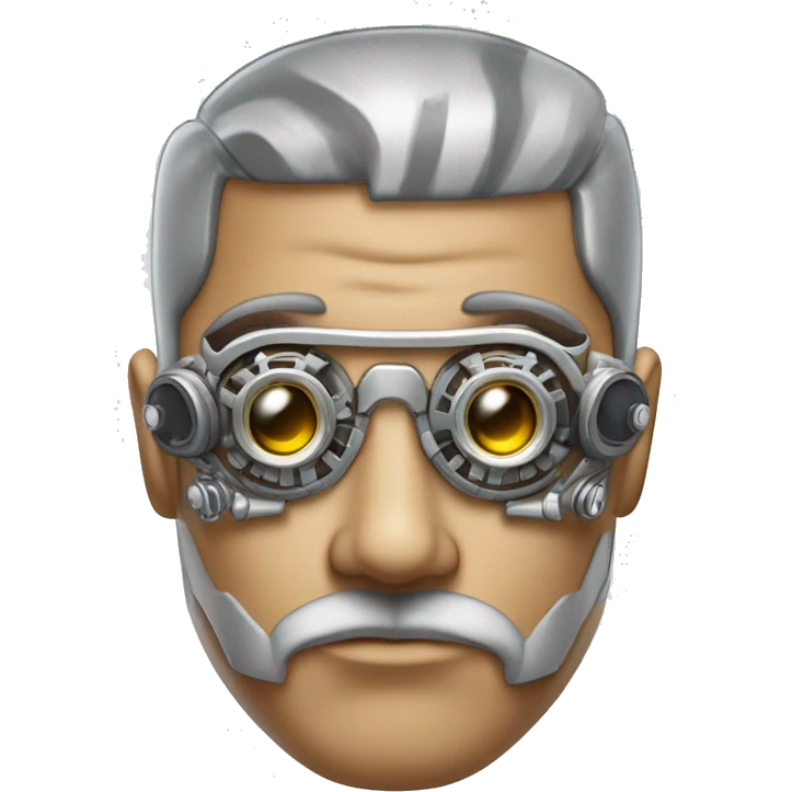 Tan shaved male Latino cyborg head with grey beard, silver steampunk monocle goggles and circuits emoji