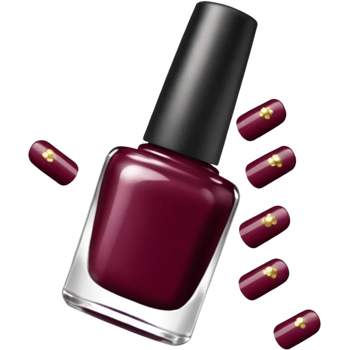 burgundy nail polish bottle, nail polish has light gold iridescence, cap is black with white polka dots, cinematic emoji emoji
