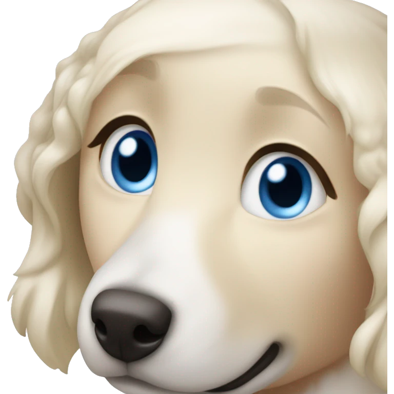 Blond girl with blue eyes cuddles a white Sheppard dog with brown eyes  emoji
