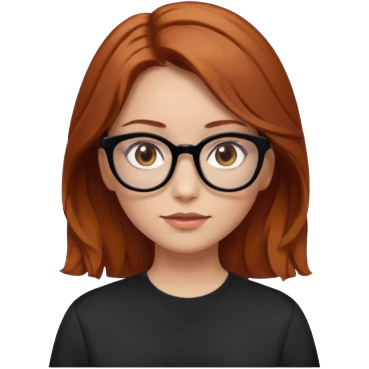 red-brown haired girl, middle length straight hair - wavy towards the ends, brown almond eyes, thick black glasses, oversized shirt emoji