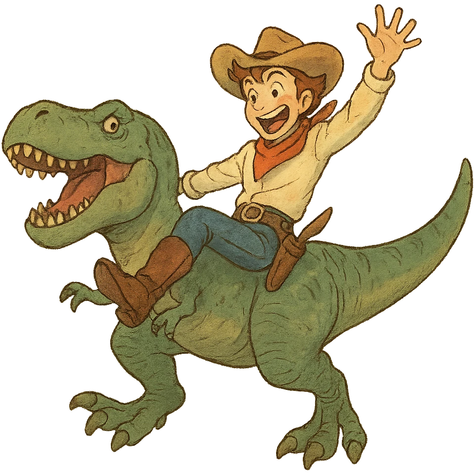 energetic and whimsical cowboy sliding down a t-rex emoji