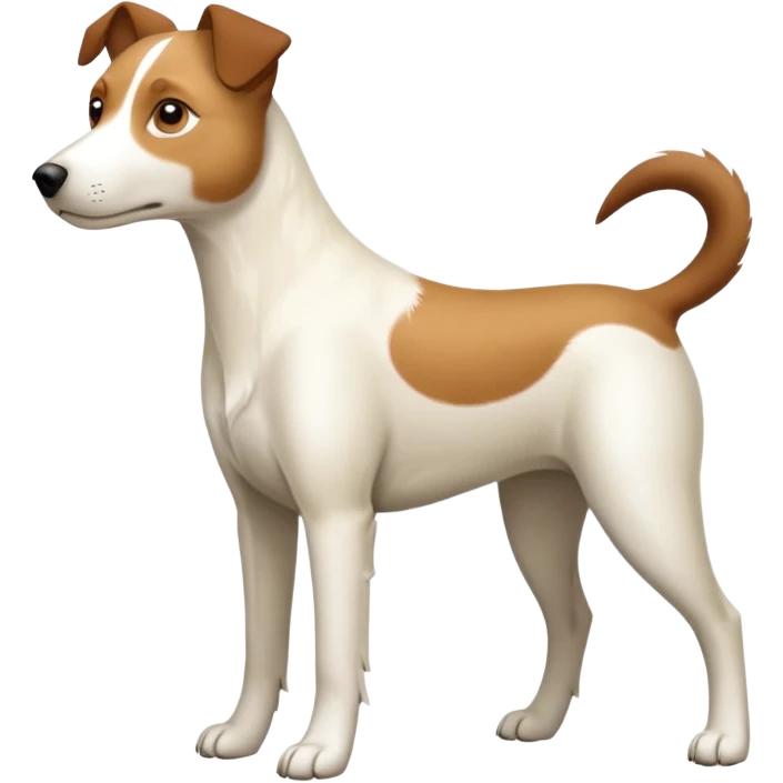 a full body large white parson russell looking dog the size of a kelpie with light brown flapped down ears and a light brown patch on one eye and a large snout emoji