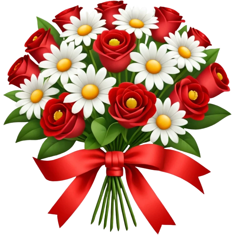 one red flower and one white flower in bouquet with red band emoji
