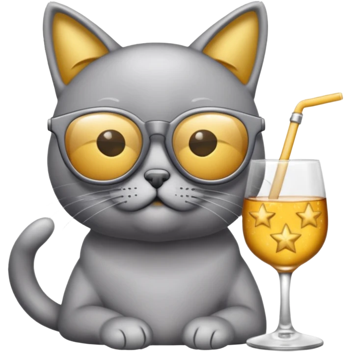 Fait un chat gris avec des lunettes de stars et avec un verre d alcool emoji