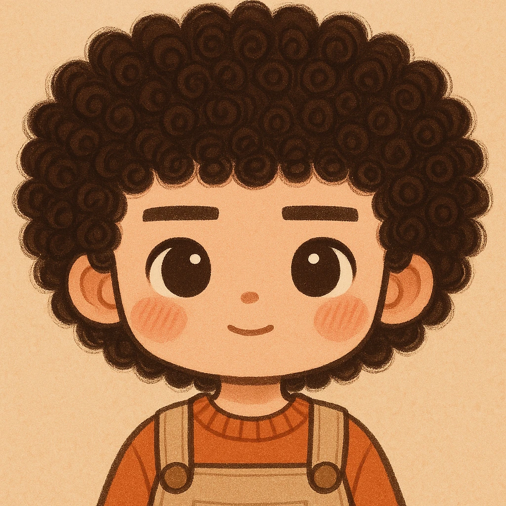 Haz el pelo mucho más rizado y las cejas más rectas, manteniendo el estilo general, cute y todos los detalles anteriores emoji