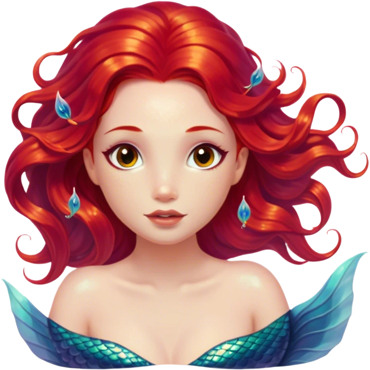 Cinematic Realistic Red Hair Mermaid Portrait, depicted with lifelike porcelain white skin that glows with an ethereal radiance, enhanced by soft underwater lighting. Her intricately detailed, flowing red hair cascades like liquid fire, framing deep, soulful eyes that mirror the mysteries of the deep sea. Accented by shimmering, iridescent scales and delicate aquatic embellishments, the portrait features an enchanting underwater glow that marries realism with mythic ocean elegance. emoji
