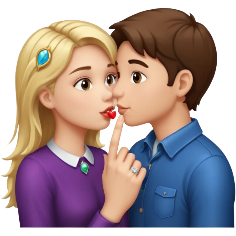 A boy and a girl kissing and the girl has a shiny BIG ring on her finger emoji