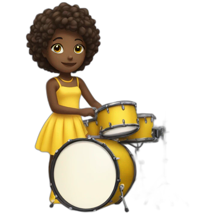 cute girl in yellow dress dark skin with yellow eyes and dark curvy hairs plays on drums emoji