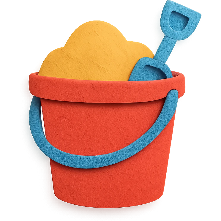 beach bucket and pail with sand and a small shovel, bright colors, in paper-craft style emoji